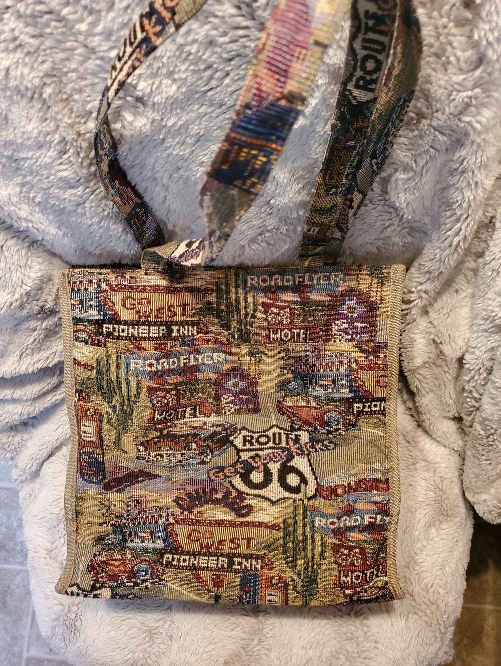 Vtg JADE Route 66 Themed Tapestry Canvas Travel Shoulder Tote Bag & Coin Purse - Picture 2 of 9